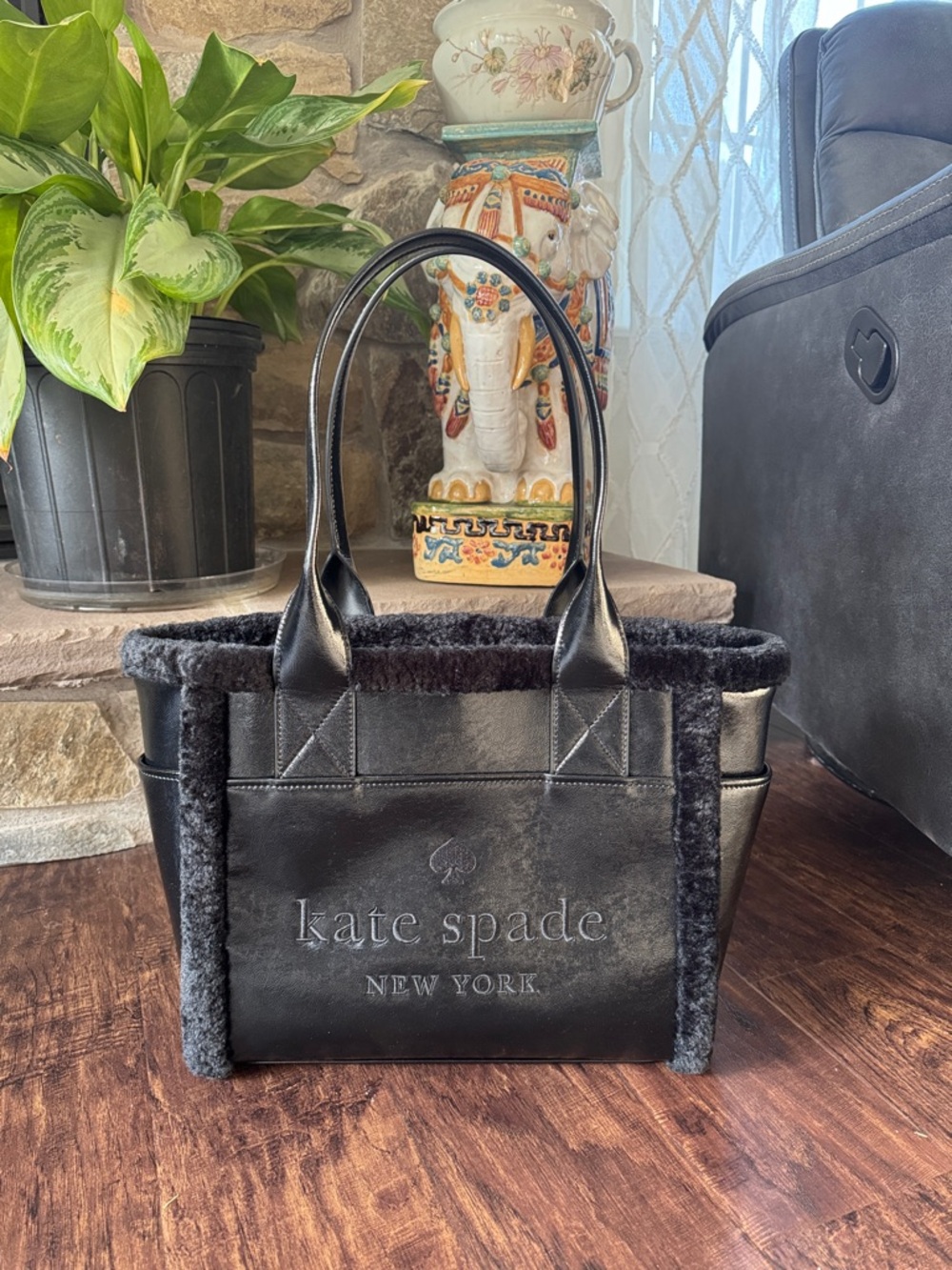 kate spade Black Leather Tote with Shearling Trim